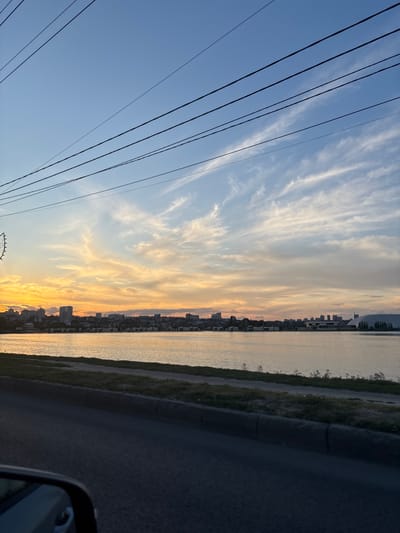 This media file captures a view of a waterfront city skyline at sunset. The image is oriented vertically, with the sky occupying the left two-thirds of the frame and the water, city, and a road occupying the right third.

The sky is a prominent feature, transitioning from a clear, pale blue on the left to streaks of vibrant orange, yellow, and white clouds on the right, indicating the setting sun. Several dark power lines crisscross the blue portion of the sky, running diagonally from the bottom left upwards.

Along the edge of the water, a city skyline is visible, with buildings of varying heights clustered together. Beyond the city, a Ferris wheel can be seen. The water itself reflects the colors of the sunset, creating a shimmering surface. To the right of the water is a grassy embankment and a dark asphalt road. A portion of a car's side mirror is visible in the bottom right corner of the frame, suggesting the photo was taken from inside a vehicle.

The time of day is clearly sunset, and the weather appears clear with dramatic cloud formations. The location is identified as Otradnoye, Russia, and the scene depicts an urban waterfront at dusk. No text is visible in the image. The overall mood is serene and picturesque, with the warm sunset colors creating a peaceful atmosphere.