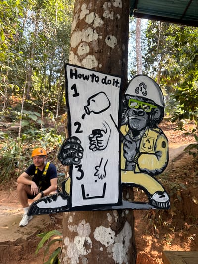 A brightly colored sign, attached to a tree, displays "How To Do It" instructions with cartoon-like illustrations. A figure wearing a helmet with recycling symbol, yellow jacket and green glasses is on top of the sign. A man wearing a helmet and harness crouches nearby, appearing to pose with the sign. The setting looks to be an outdoor, possibly wooded area, given the surrounding trees and natural light.