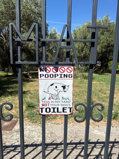 In Ivanovići, Montenegro, a dark grey metal gate stands in front of a grassy area with trees and a bright blue sky. Attached to the gate is a white rectangular sign with red and black lettering and graphics. The sign reads "NO POOPING" with three red circles and slashes over stylized dog droppings. Below this, an illustration depicts a dog from behind, relieving itself. The text beneath the illustration states, "THIS IS MY YARD, NOT YOUR DOG'S TOILET." The gate has decorative scrollwork on its lower sections.