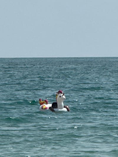 A white unicorn toy is perched on a vertical wall covered in water. The wall is textured with vertical streaks and small sparkling points, resembling a waterfall. The unicorn features a red and yellow mane, black torso, and red hooves with yellow accents. The background to the left is a solid, pale blue, contrasting with the dynamic texture of the water wall. The overall composition has a whimsical and unexpected feel.