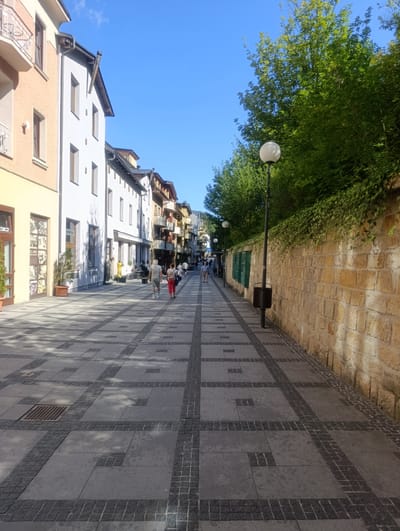 The image captures a pedestrian walkway in Luhačovice, Czechia, likely part of a commercial street lined with buildings. On the left, buildings with multiple stories feature light-colored facades and balconies. The walkway itself is paved with large square gray tiles interspersed with darker rectangular tiles, forming a geometric pattern.
Several individuals are visible walking along the path. Two people in the foreground are walking away from the camera, one wearing a light-colored shirt and shorts, the other red pants and a dark top. Further down the street, more pedestrians are seen in the distance.
To the right of the walkway, a tall, light-colored stone wall runs along the street, partially covered with green ivy. A street lamp with a spherical light fixture stands beside the wall. Behind the wall, lush green trees and foliage create a natural backdrop. The sky is clear and blue, indicating a sunny day. The overall scene depicts a pleasant, well-maintained urban environment with a blend of architecture and nature.