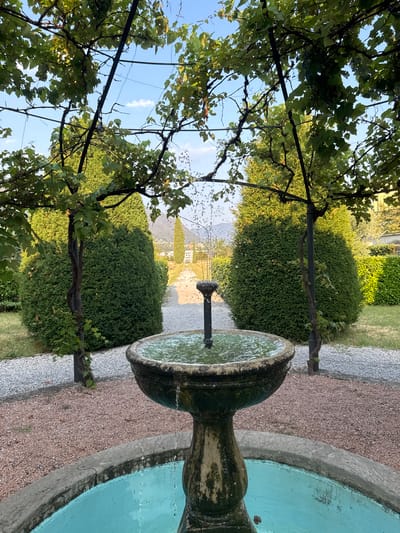 An outdoor garden scene in Balerna, Switzerland, features a stone fountain in the foreground with water flowing into its basin. The fountain is surrounded by gravel paths and meticulously sculpted green bushes. Above the fountain, a vine-covered pergola with green leaves creates a canopy. In the background, a pathway leads towards a distant landscape with trees and buildings, suggesting a residential area or park. The sky is partly cloudy and blue. There are no people visible in the image.