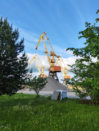 The image depicts an industrial scene in Rybinsk, Russia. Three large yellow and orange cranes dominate the background, positioned behind a large pile of gravel. In the foreground, there is a grassy field with dandelions. A pine tree is on the left, and a tree with green leaves is on the right, framing the view. A wooden pallet with materials wrapped in white plastic is in the foreground between the trees. The sky is blue with white clouds.