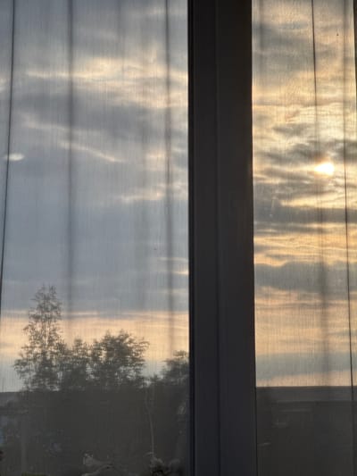 The image captures a view through sheer curtains, revealing a cloudy sky illuminated by the setting sun. The light filters through the translucent fabric, creating a soft, diffused glow. The clouds are a mix of gray and golden hues, suggesting a warm evening. Silhouettes of trees and possibly buildings are visible in the lower portion of the frame, adding depth to the scene. The overall impression is one of a serene, peaceful moment in a residential area, possibly a window overlooking a backyard or garden. The specific location in Chuguyevka, Russia, is not explicitly indicated by any visual cues within the image itself, but the description assumes this context.