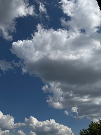 This media file captures a dramatic sky filled with a mix of white and dark gray clouds against a deep blue sky. The perspective is upward-looking, suggesting the viewer is outdoors. The clouds are voluminous and varied, with some appearing wispy and light, while others are dense and cast shadows, hinting at impending weather changes or a dynamic atmospheric condition. The overall impression is one of a powerful sky, possibly on a partly cloudy day. In the upper right corner, a small portion of green foliage, likely tree branches, is visible, indicating an outdoor setting with vegetation. The lighting suggests it is daytime, likely late morning or early afternoon given the brightness and the contrast between light and shadow on the clouds. There is no visible text or human presence. The image appears to be a natural landscape detail focused on the sky.