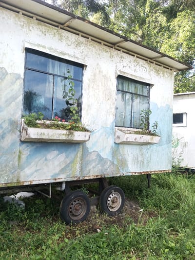 A weathered, white mobile structure with two windows, each adorned with a flower box, rests atop a trailer. A mural of mountains decorates the lower section. Rust streaks the surface, showing its age. Tall grass and weeds surround the trailer wheels, merging with the neglected scene. Part of another white structure is visible in the background.
