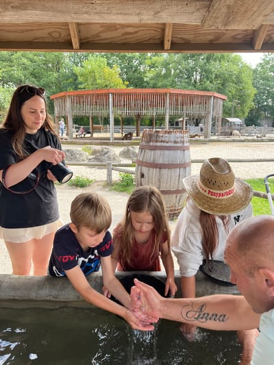 An outdoor, partially shaded scene depicts a family at an animal park, possibly in Collendoorn, Netherlands. In the foreground, a concrete trough filled with water is the focus. A young boy, wearing a dark blue t-shirt with white and red lettering, leans over the trough, washing his hands. Next to him, a young girl with long brown hair, dressed in a rust-colored dress, also has her hands in the water. To their right, a person wearing a white hoodie and a straw hat with red and white trim that reads "PonyparkCity" is also reaching into the trough. In the far right, a man's arm with a tattoo of the name "Anna" is visible as he interacts with the water.

In the midground, a large, weathered wooden barrel stands to the left, and a rustic wooden fence runs horizontally. Behind the fence, a circular wooden structure with a red roof and vertical wooden slats is visible. Several people are visible in the background near this structure, and various farm animals, including goats and sheep, are present within fenced enclosures. Lush green trees form the backdrop of the scene.

In the foreground, a woman with sunglasses on her head, wearing a black t-shirt and a light-colored skirt, stands holding a black camera. The environment suggests a recreational setting at an animal park or farm. The lighting is bright, indicating daytime.