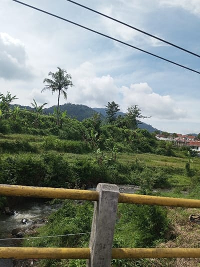 The image presents an outdoor landscape in Kandenuwara, Sri Lanka, captured from a slightly elevated vantage point. In the immediate foreground, a yellow metal railing with a central, grey concrete support post spans horizontally across the lower portion of the frame. Below this railing, a small river or stream flows from left to right, characterized by visible white rapids and rocks, bordered by dense green undergrowth. The midground features a lush, verdant hillside covered with various types of green vegetation, including tall grasses, shrubs, and multiple banana plants. A tall, slender palm tree stands prominently on this hillside, left of center. Towards the right side of the midground, a cluster of residential buildings with red-tiled roofs and light-colored walls is visible on a higher elevation. The background consists of distant, forested mountains under a partly cloudy sky, displaying patches of blue sky and white cumulus clouds. Two dark, thin cables, consistent with power or communication lines, stretch horizontally across the upper portion of the sky. No individuals, animals, or specific actions are depicted in the scene.