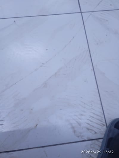 The image is a close-up, slightly blurry, overhead shot of a light-colored tiled floor. The tiles appear to be large and square, with dark grout lines forming a cross shape in the upper portion of the image. The surface of the tiles has a marbled or patterned appearance with faint, wavy lines. There are a few small dark specks scattered across the tiles, possibly dust or debris. In the lower right corner, a dark, curved object, possibly the edge of a shoe or bag, is visible. At the very bottom right of the image, a timestamp is present: "2026/6/29 16:32". The scene is indoors and appears to be an ordinary, everyday environment, potentially a room or hallway, with no distinct landmarks indicating a specific location within the city of Ak-Suu, Kyrgyzstan.