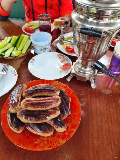 A high-angle, medium shot shows a meal on a wooden table in Kotovsk, Russia. The table is set with various food items, including a plate of grilled sausages, a serving of sliced cucumbers, a glass of red liquid, a small bowl with a floral design, and a large, silver samovar with a black handle and an electrical cord. A person's arm, wearing an orange and black jacket, is visible in the upper left corner, holding a piece of bread. The overall scene suggests a casual gathering or meal.