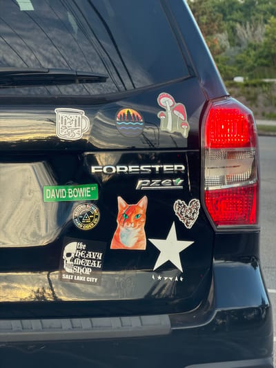The image captures a detailed view of the rear of a black Subaru Forester, seen in what appears to be daylight outdoors. The vehicle's surface is highly reflective, showing glimpses of trees, power lines, and sky.
The car's tailgate is extensively decorated with various stickers. On the left side, a sticker depicts a cluster of red and white mushrooms, followed by a circular landscape sticker with mountains and a sunset. Below these is an outline sticker of a mug featuring stylized trees.
The "FORESTER" emblem is centrally located, with "PZEV" (Partial Zero Emission Vehicle) text beneath it. Above and to the right of the emblem, a heart-shaped sticker with a brown, camouflage-like pattern is visible. A prominent white star, accompanied by smaller stars, is placed next to an orange cat sticker with bright green eyes.
Further down, a green rectangular sticker reads "DAVID BOWIE ST". Adjacent to it is a round "SECOND SUMMIT HARD CIDER CO." sticker, detailing "ELEVATED CRAFT CIDER EST. 2022 MRK". A black sticker with a skull design proclaims "the HEAVY METAL SHOP SALT LAKE CITY". Faint, partial text "COST PICH" can also be discerned on a bumper or trim piece. The car's right taillight is clearly visible, showing its red brake light and clear reverse light sections. The rear window wiper is present on the left side of the back window.
The overall scene is static, focusing on the personalization of the vehicle. While the general location context is Arlington Heights, United States of America, one sticker explicitly references "Salt Lake City."