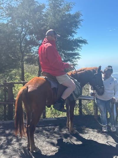 A man in a red jacket and khaki shorts is riding a brown horse. Another person stands beside the horse, holding its reins. They are on a path with trees in the background, beneath a clear blue sky. The image is rotated ninety degrees counter-clockwise, with the sky appearing to the left of the frame.