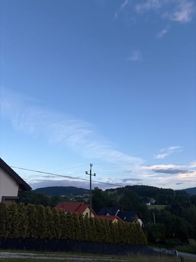 This is a vertical, eye-level, medium shot photograph taken in Limanowa, Poland, during twilight. The sky dominates the upper two-thirds of the frame, transitioning from a pale blue near the horizon to a deeper blue at the zenith. Wispy, white cirrus clouds are scattered across the sky. A residential neighborhood is visible in the lower third of the image, nestled among rolling green hills. Several houses with red and dark roofs are partially obscured by a dense hedge of conifer trees. A power line stretches across the scene, supported by a wooden pole. The foreground shows a patch of dry grass and a paved surface. No people are present in the image.