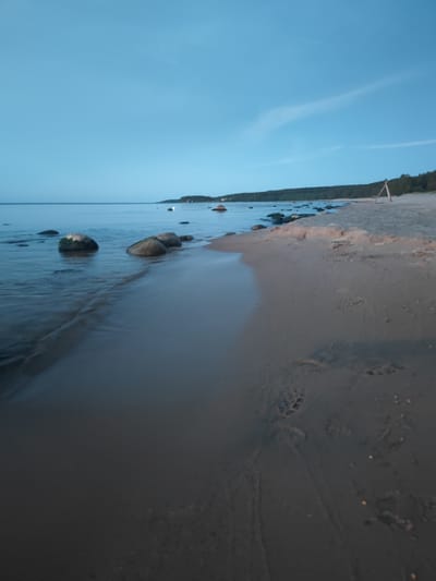 A serene beach scene unfolds under a pale blue sky, suggesting either dawn or dusk. The calm water gently laps at the sandy shore, where scattered rocks, some partially submerged, dot the waterline. A line of trees forms a dark silhouette against the horizon, marking the edge of the land. On the right side of the frame, a simple wooden A-frame structure stands on the sand, its purpose unclear. Footprints are visible in the wet sand, indicating recent human or animal presence. The overall impression is one of quiet natural beauty.