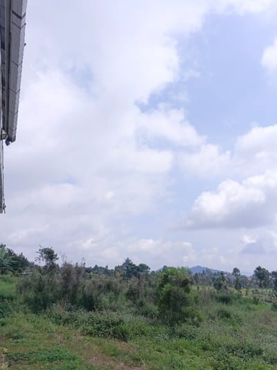 This image depicts an outdoor landscape, likely in the city of Man Gyat, Myanmar, characterized by a mix of natural vegetation and a partially cloudy sky. The upper left corner shows a grey, sloped building structure, possibly a roof or overhang, with visible gutters and eaves, indicating an adjacent man-made presence. The sky occupies approximately the upper two-thirds of the frame, displaying numerous white and light grey cumulus clouds against a pale blue background, suggesting a partially overcast day. The lower third of the image is dominated by dense, varied green vegetation, including tall grasses, shrubs, and numerous trees of varying heights and foliage densities. Some areas of the vegetation appear wild and overgrown. In the distant background, a faint line of hills or mountains is visible under the clouds, interspersed with what appear to be very distant structures or buildings. No individuals, animals, or specific actions are visible within the frame.