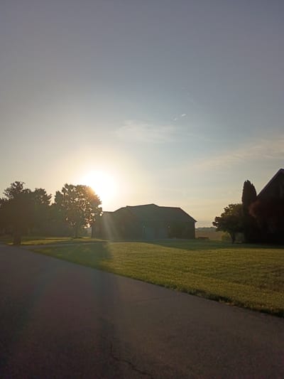 This image captures a serene dawn scene in Paris, United States. The sun is rising, casting a warm glow and long shadows across a manicured lawn. A paved road curves into the foreground, leading towards a house silhouetted against the bright sky. Trees frame the scene, with one large tree positioned in the center, its branches illuminated by the rising sun. Another house is visible to the right, also in silhouette. The sky is clear with a hint of wispy clouds, and the overall atmosphere is peaceful and tranquil.