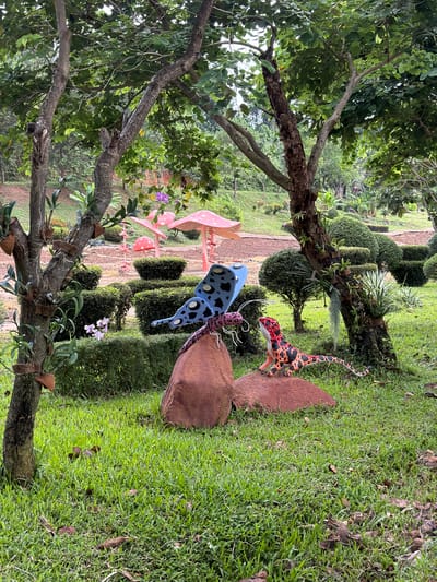 This image captures a whimsical garden scene in Khánh Vĩnh, Vietnam, featuring several decorative elements. In the foreground, two large, stylized figures, a blue butterfly and a spotted lizard, are positioned on and next to a brown rock. The butterfly, with intricate blue and black patterns, is perched on the rock. The lizard, characterized by its orange and black spotted design, sits on another part of the rock.
Behind these figures, neatly trimmed bushes form a hedge-like barrier. Further in the background, several large, pink mushroom-shaped structures with white polka dots are visible, adding to the fantastical atmosphere. The garden is lush with greenery, including trees with visible orchid plants attached to their trunks and neatly manicured, rounded bushes that line the pathways. The ground is covered in vibrant green grass, interspersed with fallen leaves. The overall impression is that of a well-maintained, decorative garden designed to evoke a sense of wonder and playfulness.