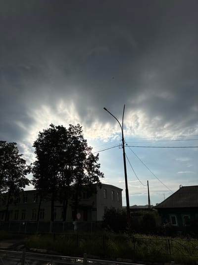 The image depicts a street scene in the city of Rezh, Russia, under a dramatic, overcast sky. In the foreground, a dark, metal fence runs horizontally across the frame, with tall grass and foliage visible behind it. To the left, a silhouetted building with multiple windows and a fence in front is partially obscured by dense, dark trees. Further to the right, a distinctive light pole with curved arms and a network of wires dominates the mid-ground. Beyond this, another building, a traditional Russian wooden house with a green facade and a dark, corrugated roof, is visible. The background shows a few more structures and a distant skyline. The overall impression is one of a somewhat stark, possibly late afternoon or early evening atmosphere, with the heavy clouds casting a strong shadow over the scene.