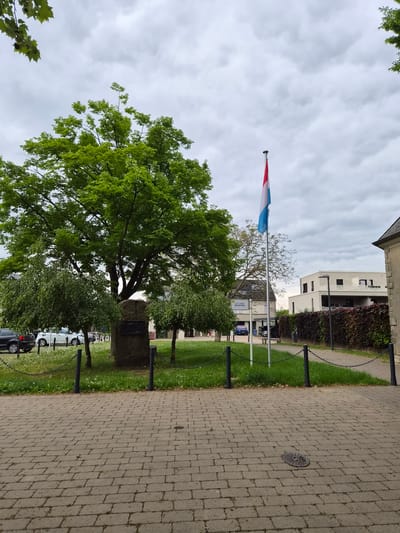 The image shows a view in Schengen, Luxembourg. A Luxembourgish flag flies atop a pole. A large tree stands in the foreground, partially obscuring a stone monument with a dark plaque affixed to it. A path of interlocking pavers runs along the right edge of the image. A black chain is connected to black posts and forms a barrier along the edge of the path. Grass and a building are visible beyond the chain. Cars are parked along the roadside. The sky is cloudy.