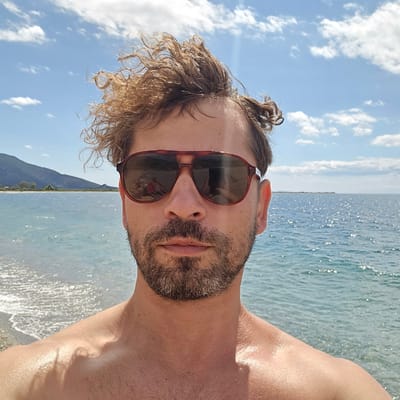 An outdoor, chest-up, selfie-style photograph features a man with brown, curly hair, wearing sunglasses, and a beard. He is standing on a beach in Astros, Greece, with the blue ocean and sky behind him. The water is choppy and reflects the sunlight. A mountain range is visible in the distance, along the coastline. The man's skin appears to be sweaty, indicating a warm climate. The sunglasses he is wearing have brown frames and reflect a person sitting on the beach. The man's hair is windswept.