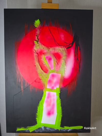The image displays a modern abstract painting on a canvas. The artwork features a prominent, large red circular shape overlaid with abstract elements in bright green and pink, applied with what appears to be spray paint and masking tape. The background of the canvas is a deep black. The painting is mounted on a wooden easel, suggesting it is either in a studio or an exhibition space. The lighting is bright, highlighting the vibrant colors of the artwork. There are no people or animals present in the image. The setting appears to be indoors, with a plain wall visible behind the easel. There is no information provided in the image or the crops that would indicate a specific location in the city of Melhus, Norway.