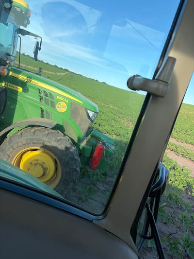 The image shows a view from inside a John Deere tractor cab, looking out onto a field of young plants, likely sunflowers, in the village of Ovcha Mogila, Bulgaria. The tractor's green hood and large yellow wheel are visible in the foreground, along with a red fire extinguisher mounted on the side. The field stretches into the distance, under a clear blue sky with some wispy clouds. The ground appears dry and cracked in places. The overall scene depicts agricultural work in progress.