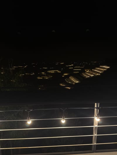 This nocturnal image presents an elevated panoramic view of the city of Đa Bla, Vietnam. In the foreground, a dark metal railing structure occupies the lower portion, featuring multiple parallel horizontal cables. Two illuminated, warm-toned incandescent-style string light bulbs hang from a cable above the top railing, with a vertical metal support post visible on the right. Dark, out-of-focus foliage is discernible behind the railing. The expansive midground and background depict a landscape densely populated with numerous artificially lit structures. These structures display varied geometric forms, including elongated rectangular shapes and distinct rows of uniformly illuminated, curved or arched roofs, consistent with large-scale buildings or greenhouses. The sky above is dark black, with two faint, diffuse light anomalies present in the upper frame. No people or active interactions are visible.