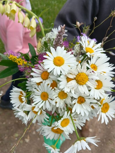 A close-up, slightly overhead, outdoor shot shows a bouquet of white daisies with yellow centers, held by an unseen person. The background is blurred, showing a person in a pink garment to the left, and another person in a dark gray hooded sweatshirt to the right. Green grass and a brown dirt path are visible in the background. Some yellow, bell-shaped flowers hang from a green stem on the left side of the frame, and other smaller purple and yellow wildflowers are interspersed with the daisies. The overall scene suggests a casual outdoor gathering in Medvedevka, Russia.