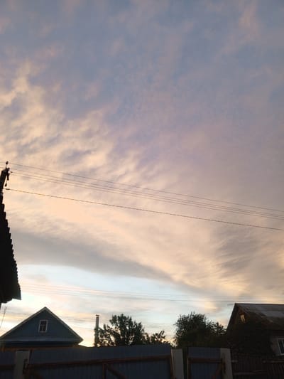 The image depicts a rural twilight scene with a pale pink and blue sky filled with wispy clouds. In the foreground, the dark roofs of two buildings are visible, one on the left and another on the right. A wooden fence runs across the bottom of the image. Several power lines stretch horizontally across the sky. The left building is a house with a steeply pitched blue roof and a small window. The right building appears to be a shed or another house with a corrugated metal roof. Trees and a chimney are also visible in the mid-ground. The overall impression is one of a quiet evening in a rural area, possibly Buraly, Russia, given the architectural style and the presence of power lines and wooden fences often found in such settings.