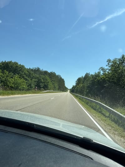 The image captures a view from inside a vehicle traveling on a paved road in Subate, Latvia. The road curves to the right and is bordered by lush green trees on both sides. A metal guardrail runs along the right side of the road. The sky is a clear, bright blue with a few wispy clouds. The foreground shows a portion of the vehicle's dashboard. The scene suggests a sunny day on a highway, likely in a rural or forested area outside the main city.