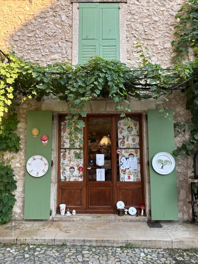 The image shows the exterior of a shop in Moustiers-Sainte-Marie, France. The shop has a wooden double door with glass panes, a stone facade, and green shutters on either side. Above the door, a canopy of green vines hangs down, casting dappled shadows. Decorative plates and hot air balloon motifs are displayed on the shutters and in the shop window. Small decorative items, including cups, saucers, and mushroom figures, are placed on the doorstep. The ground in front of the shop is paved with cobblestones. The lighting suggests it is daytime, with sunlight illuminating parts of the scene. There are no people visible in the image.