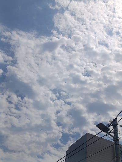 The image shows a view of the sky with scattered clouds, a portion of a modern building, and a lamppost with wires. The building appears to be a commercial or residential structure with a light-colored facade. The lamppost is made of concrete and has a metal fixture, with several electrical wires attached and extending across the frame. The sky is a clear blue with numerous fluffy white and gray clouds, suggesting daytime. There are no people or animals visible in the image. The scene is located in Buzovna, Azerbaijan.