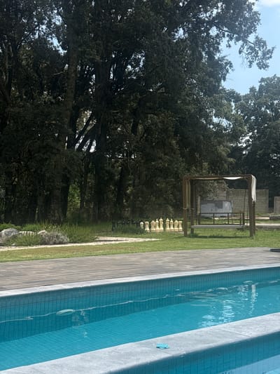 In Canalejas, Mexico, a serene outdoor scene unfolds with a swimming pool in the foreground. The pool's turquoise water is bordered by a stone coping and a paved patio area made of rectangular grey tiles. Beyond the patio, a lush green lawn stretches out, dotted with rocks and low-lying plants. In the mid-ground, a life-sized chessboard is set up on the grass, with white pieces prominently displayed. Further back, a wooden swing set with a canopy provides a resting spot. The background is dominated by a dense forest of mature trees, their dark green foliage creating a dramatic contrast against the bright blue sky. The overall atmosphere is one of tranquility and leisure, suggesting a private retreat or resort setting.