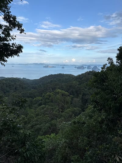 The image shows a dense, dark green jungle in the foreground, with a valley of trees sloping down towards a body of water. The water is a calm, pale blue, dotted with numerous small, rocky islands with sparse vegetation. In the distance, a hazy blue mountain range is visible, and the sky is a pale blue with scattered white clouds. The scene appears to be a view from a high vantage point, possibly a viewpoint or a hill in Ban Din Daeng Nui, Thailand. No people, animals, or man-made structures are clearly identifiable in the scene. The overall impression is one of natural, lush scenery with a calm, expansive view of islands and the sea.