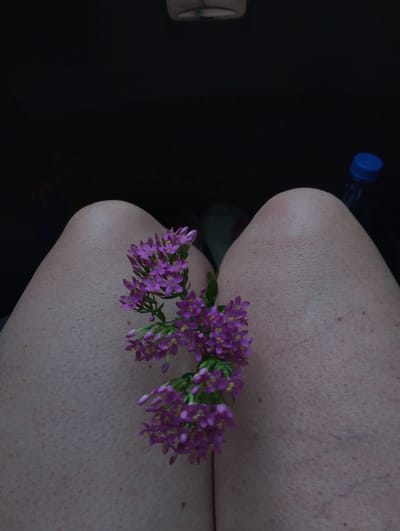 An overhead shot shows a person's bare knees and a sprig of small purple flowers. The image is dark, with the exception of the knees and flowers. The background is mostly black, but a blue water bottle cap is visible in the upper right corner. The image does not provide enough information to determine the location within the city of Rieti, Italy.