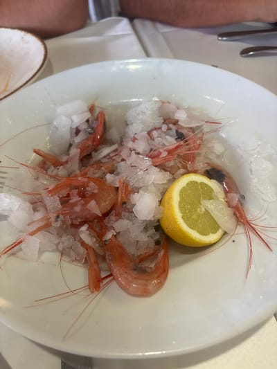 A white oval plate containing several uncooked shrimp, crushed ice, and a lemon wedge sits on a white tablecloth. The shrimp are pink and red, with long antennae. Some of the shrimp are partially submerged in melted ice water. A person's arms and hands are visible in the background, one holding a fork. The scene appears to be a restaurant in Urbanización Roquetas De Mar, Spain.