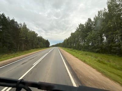 A first-person perspective shot captures a paved road stretching into the distance, flanked by dense green trees on either side. The road has double white lines marking its lanes and appears slightly wet, with some darker patches indicating moisture. The sky is overcast with a pattern of textured gray clouds. In the foreground, a dark, out-of-focus object, possibly part of a vehicle, occupies the bottom of the frame. The scene depicts a drive through a natural, wooded area under a cloudy sky, suggesting a rural or semi-rural setting. The location is identified as Babonovo, Russia.
