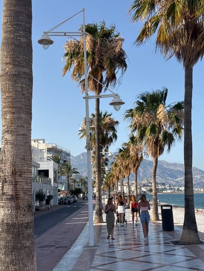 The image depicts a seaside promenade lined with palm trees under a clear blue sky, suggesting a sunny day. In the background, a coastal town with modern buildings and mountains can be seen. The promenade is paved with a patterned tile design, and a dark trash bin is visible.

Several people are walking along the promenade. One woman, in the foreground from the perspective of the camera, is wearing shorts and a pink top, facing away from the viewer. Further down the promenade, other individuals are also walking, some with their backs to the camera. The presence of palm trees and the view of the sea indicate a warm, likely Mediterranean, climate. The overall impression is one of a relaxed day in a popular tourist destination.

There is some visible text on a green sign in the background, which appears to be "GOLF". The time of day seems to be late afternoon or early evening, given the long shadows cast by the palm trees and buildings. The scene is tranquil and suggests a pleasant atmosphere.