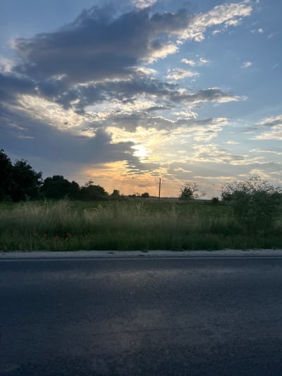 This image captures a tranquil rural landscape during what appears to be a sunset or sunrise, with the sun low on the horizon. The photograph is oriented vertically, showing a wide expanse of sky, a strip of land with vegetation, and a section of an asphalt road.
The upper portion of the frame is dominated by a dramatic sky filled with scattered clouds. Some clouds are dark and grey, indicating their density, while others are brightly illuminated from behind by the sun, showcasing golden, orange, and white hues. Sunrays pierce through the clouds, creating a striking visual effect near the horizon. The sky transitions from a lighter, almost golden-yellow near the sun to a pale blue and then a deeper blue and grey further away.
Below the sky, the horizon features a line of distant trees and dense green vegetation, with some taller grasses and bushes in the midground. A solitary utility pole stands against the bright sky, a thin, dark silhouette. In the grassy area bordering the road, small specks of red are visible, suggesting wildflowers, possibly poppies.
The right side of the image (if viewed correctly, after rotation) is occupied by a dark asphalt road, showing a clear lane marking or shoulder line where it meets the grassy verge. The road appears damp or reflects the ambient light, giving it a slightly textured, dark grey appearance.
The overall scene conveys a sense of peacefulness and natural beauty. There are no people or visible text. Based on the location context provided, this scene is from Graf Ignatievo, Bulgaria.