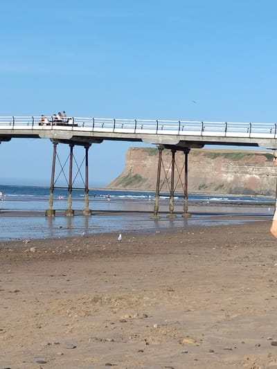 A bright, sunny day at the beach in Saltburn by the Sea, United Kingdom. The scene is dominated by a long pier stretching across the frame, supported by sturdy, weathered pillars. On the pier, a group of people are visible, appearing to be seated at tables, enjoying the view. In the background, a dramatic cliff face rises from the sea, its layered rock formations illuminated by the sunlight. The foreground of the image is a sandy beach, wet in places, with scattered rocks and a few seagulls. The sea is calm, with gentle waves lapping at the shore. The sky is a clear, vibrant blue.