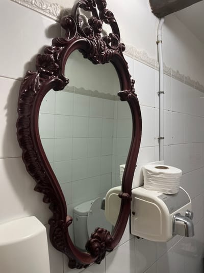 The image shows a bathroom with white tiled walls and a large, ornate, mahogany-colored mirror with a white ceramic toilet partially reflected in it. The mirror is attached to the wall, and the toilet is visible in the reflection. On the right side of the image, there is a white, electric hand dryer with a roll of white toilet paper on top of it. The scene is located in the city of Agüimes, Spain, at the coordinates 27.907 latitude and -15.447 longitude.