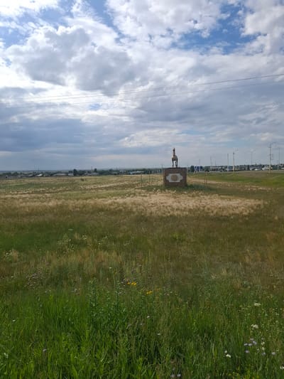 A wide-angle, eye-level shot captures a rural landscape with a monument in the middle ground. The sky is partly cloudy with dramatic cumulus formations. In the foreground, lush green grass with scattered wildflowers and dry, tall grass stretches across the field. The middle ground features a sculpture of a horse standing atop a stone pedestal adorned with a circular emblem. Behind the monument, a residential area with low-rise buildings and scattered trees is visible, extending towards the horizon. Utility poles and streetlights line a road in the distance. The scene suggests a settled, potentially semi-rural or suburban environment outside the main city center of Atbasar, Kazakhstan.