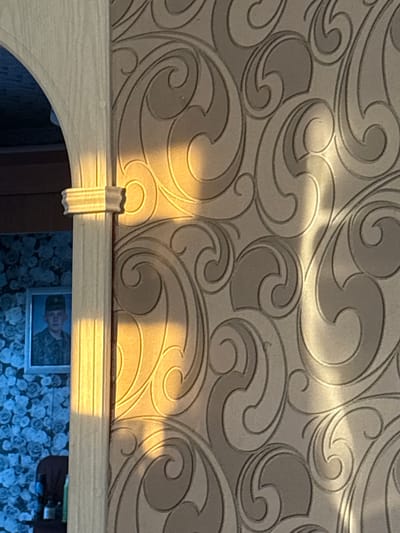 The image depicts a room with patterned wallpaper. A textured, off-white architectural element, possibly a column or archway, is visible on the left side, casting a shadow. Sunlight strikes this element, creating a warm glow. Partially visible through an opening in this structure is a framed portrait of a man in a military uniform and a dark cap. He is looking directly at the camera. The background behind the portrait features blue wallpaper with a floral pattern. The overall impression is of an interior domestic setting. The location is identified as Sovkhoza "Razdol'e", Russia.