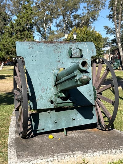 A cannon stands on a concrete base in Salta, Argentina, situated outdoors in a grassy area with trees. The cannon is primarily teal with black wheels and green components.