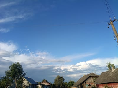The image depicts a rural scene with several wooden houses and trees under a bright blue sky with scattered clouds. A power line stretches horizontally across the upper portion of the image, supported by a concrete utility pole on the right side. The houses appear to be older, with dark, weathered roofs. Some of the houses have chimneys. Lush green trees are visible, with one particularly large tree on the left side of the image. The overall impression is one of a quiet, lived-in village, possibly in the city of Litynia, Ukraine, given the context provided.