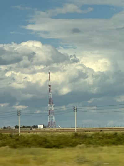 This is a vertically oriented image of a broadcast tower, a grassy field, and a cloudy sky. The broadcast tower is red and white and appears to be a lattice structure. Power lines extend from the left side of the image towards the tower. The field on the right is a uniform green, possibly a cultivated crop or pasture. The sky is filled with a mix of white and gray clouds, suggesting overcast or partly cloudy weather. The lighting indicates it is daytime, possibly late afternoon or early evening based on the soft light. There are no people visible in the image. The scene appears to be rural, with the tower and power lines suggesting an industrial or communication facility. A small white building is visible near the base of the tower. The image does not contain any visible text. The context provided places the scene in Дорожный, Russia.