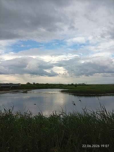 The image shows a serene landscape featuring a body of water, likely a river or lake, with thick reeds and tall grass in the foreground. The water's surface reflects the overcast sky, which is characterized by a dramatic mix of dark, heavy clouds and patches of bright blue sky. In the distance, a bridge spans across the water, and beyond it, a lush green field stretches to the horizon, dotted with some small buildings and utility poles. The overall atmosphere is calm and natural, with the environment appearing undeveloped and rural. The timestamp at the bottom right corner of the image reads "22.06.2026 19:07", indicating the date and time the photograph was taken. This scene is located in Sarytogay, Kazakhstan.