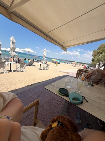 The image shows a beach scene in Πόρτες, Greece, from the perspective of someone seated at a table under a beige awning. The foreground features a wooden chair with a person's legs visible, wearing a white garment and a beaded bracelet. A small, reddish-brown dog is lying on the floor next to the chair. On the table are two glasses of drinks, one with ice and a straw, another with a yellow liquid and a straw, and a third glass of water. Also on the table are a dark circular object with a zipper and a turquoise leash dispenser.

Beyond the table, the sandy beach stretches out to the sea. There are numerous white umbrellas and beach chairs set up on the sand. People are visible relaxing on the beach and swimming in the turquoise water. The sky is clear and blue with a few scattered white clouds. To the right of the beach, a few trees are visible, and beyond them, some buildings can be seen. The overall scene depicts a relaxed and sunny day at a Greek beach resort.