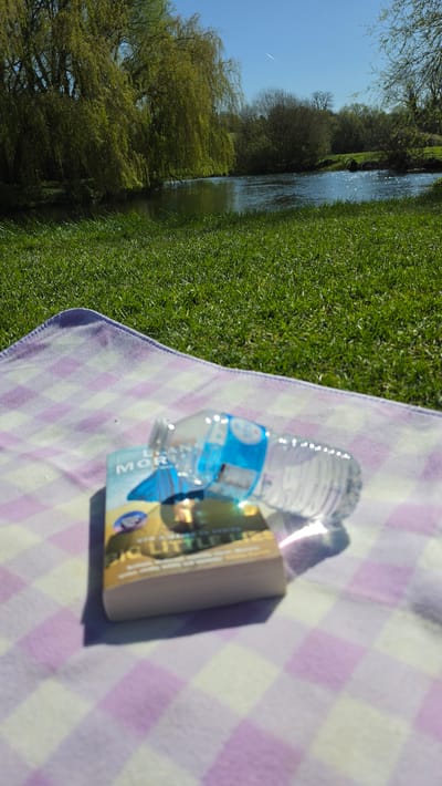 The image captures a serene scene outdoors, possibly in a park or grassy area in Olney, United Kingdom, near a body of water. A picnic blanket with a lavender and white checkered pattern is laid out on the grass. A partially consumed water bottle rests on the blanket, alongside a paperback book titled "Big Little Lies" by Liane Moriarty. The water body appears to be a river or stream, bordered by trees and greenery. The sky is blue, suggesting a sunny day. There are no people visible in the frame. The scene suggests a leisurely activity, like reading or relaxing by the water.