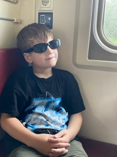 A young boy wearing sunglasses and a black t-shirt with a blue and white graphic print sits in a train car. He is looking out a window to his right, with his hands clasped in his lap. The train car appears to be an older model, with beige plastic paneling and a dark red upholstered seat. A charging port and an electrical outlet are visible on the wall behind the boy. The train is traveling through a wooded area, as indicated by the greenery visible through the window. The scene is brightly lit by natural light.
